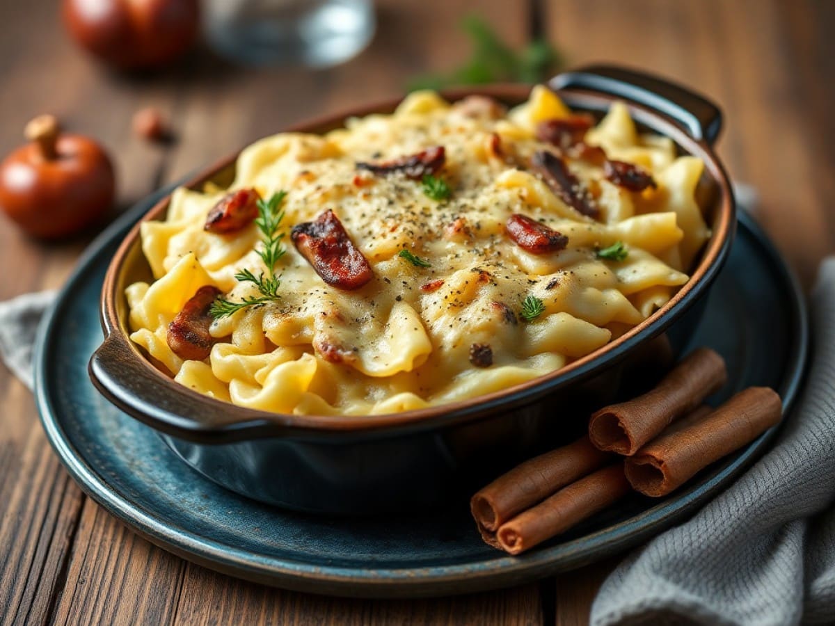 gratin de spätzles aux champignons et aux lardons