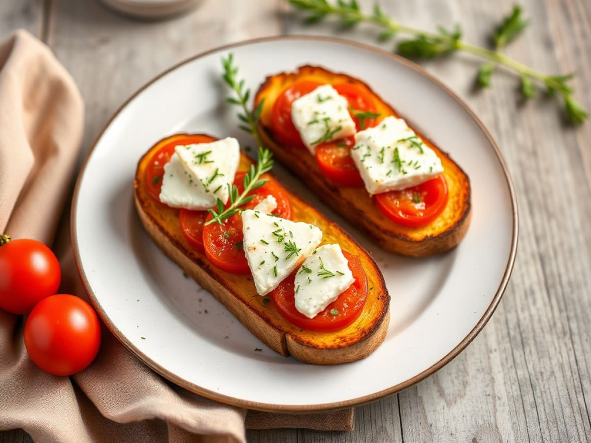 Toasts de patate douce, tomates confites et chèvre