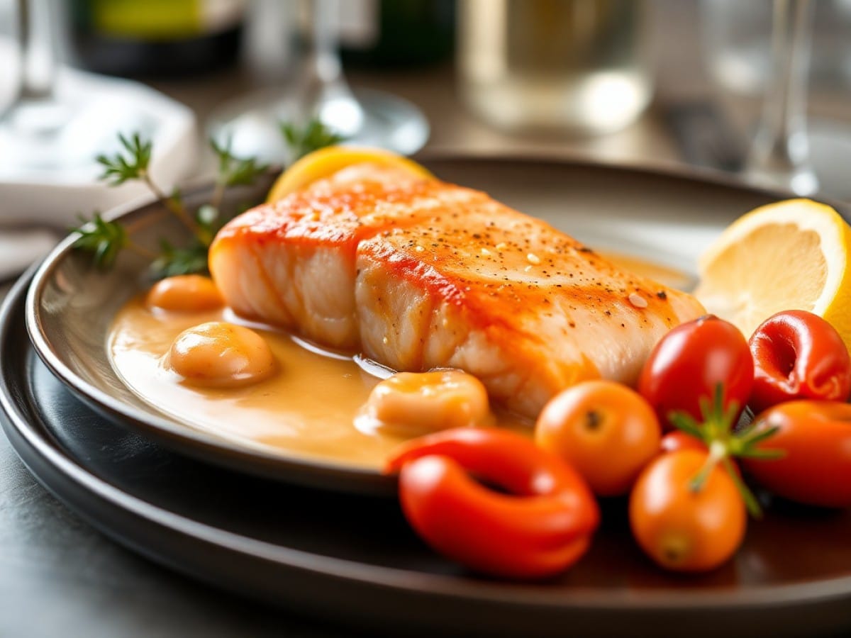 Pavé de saumon et sa sauce champagne aux crevettes