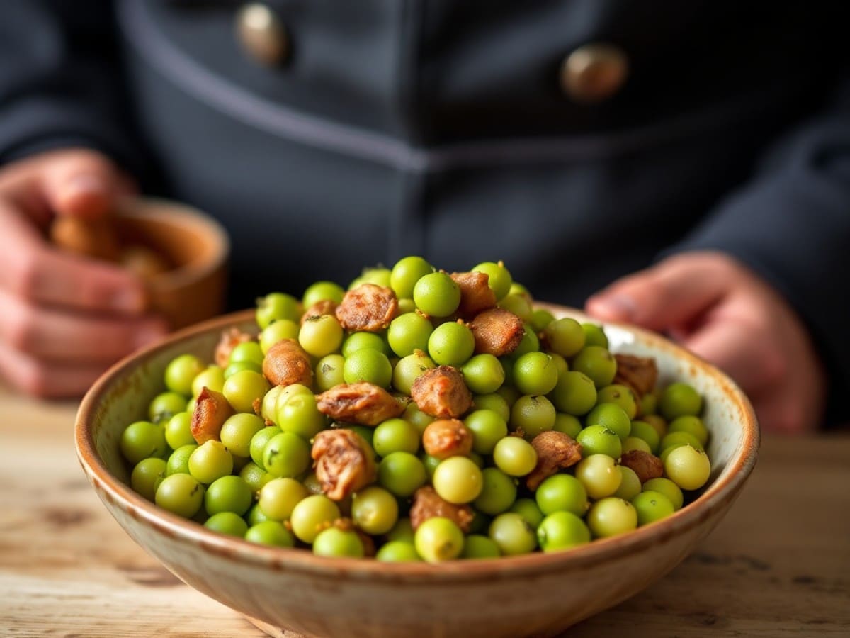Petits pois à la française, saucisses de Cyril Lignac