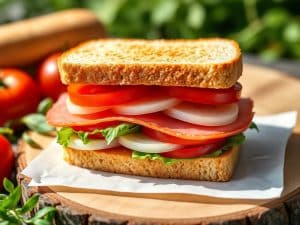 Sandwich aux deux jambons, oignon et tomates