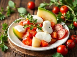 Melon garni aux tomates cerises, aux radis et à la mozzarella