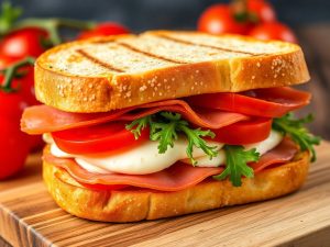 Panini Jambon cru, mozzarella, tomate, roquette et tapenade