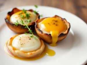 Oeufs cocotte aux champignons de Paris, dés de jambon et emmental