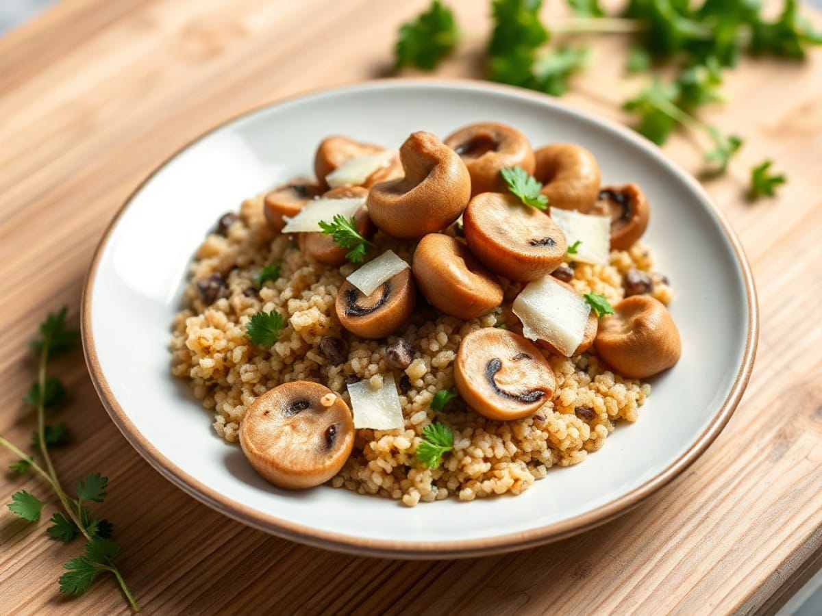 Bolée de quinoa à l’ail, noisettes, champignons et parmesan