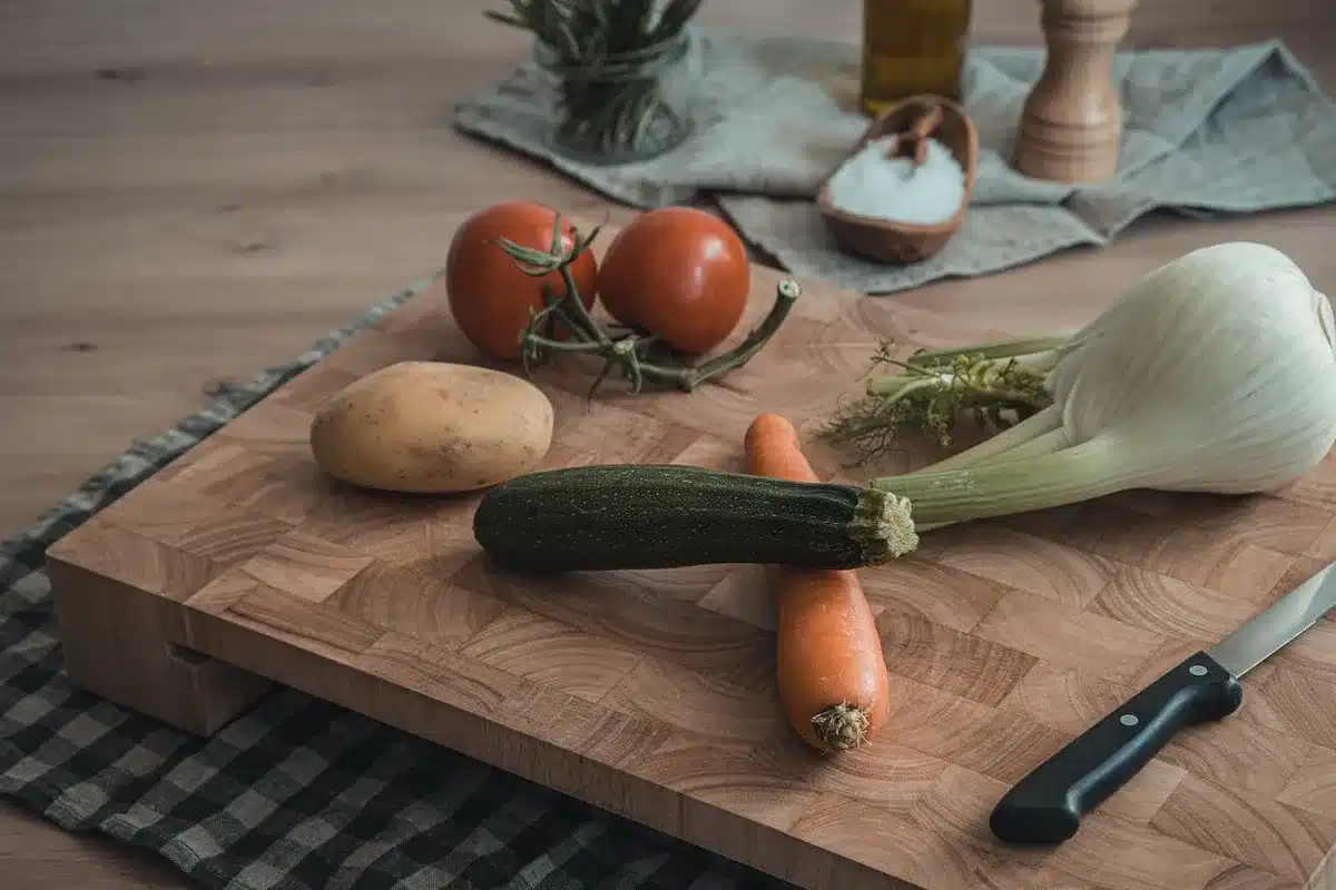 Ingrédients frais pour le curry : courgettes, oignon, ail et lait de coco
