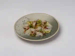 Assiette de maquereaux grillés avec concombre caramélisé, sauce au yaourt et huile d'herbe