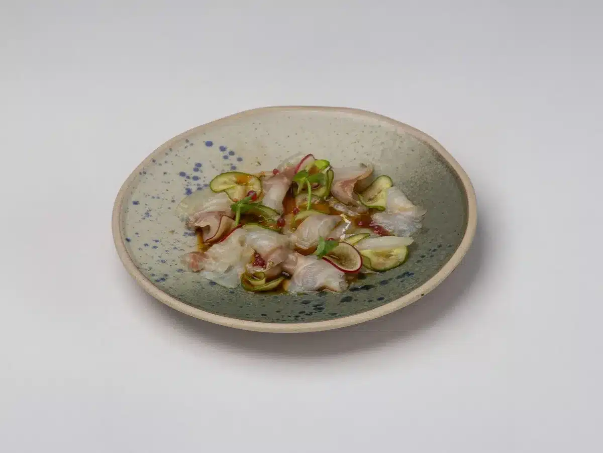 Assiette de maquereaux grillés avec concombre caramélisé, sauce au yaourt et huile d'herbe