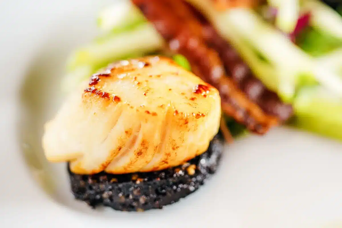 Assiette de Saint-Jacques caramélisées au miso avec sésame et zeste de citron vert