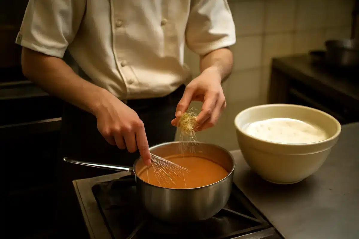 Étape 3 — Réhydratez 6 feuilles de gélatine dans de l'eau froide pendant 10 minutes. Chauffez doucement la bisque de homard et incorporez la gélatine bien essorée. Ajoutez le reste de la crème et fouettez énergiquement.