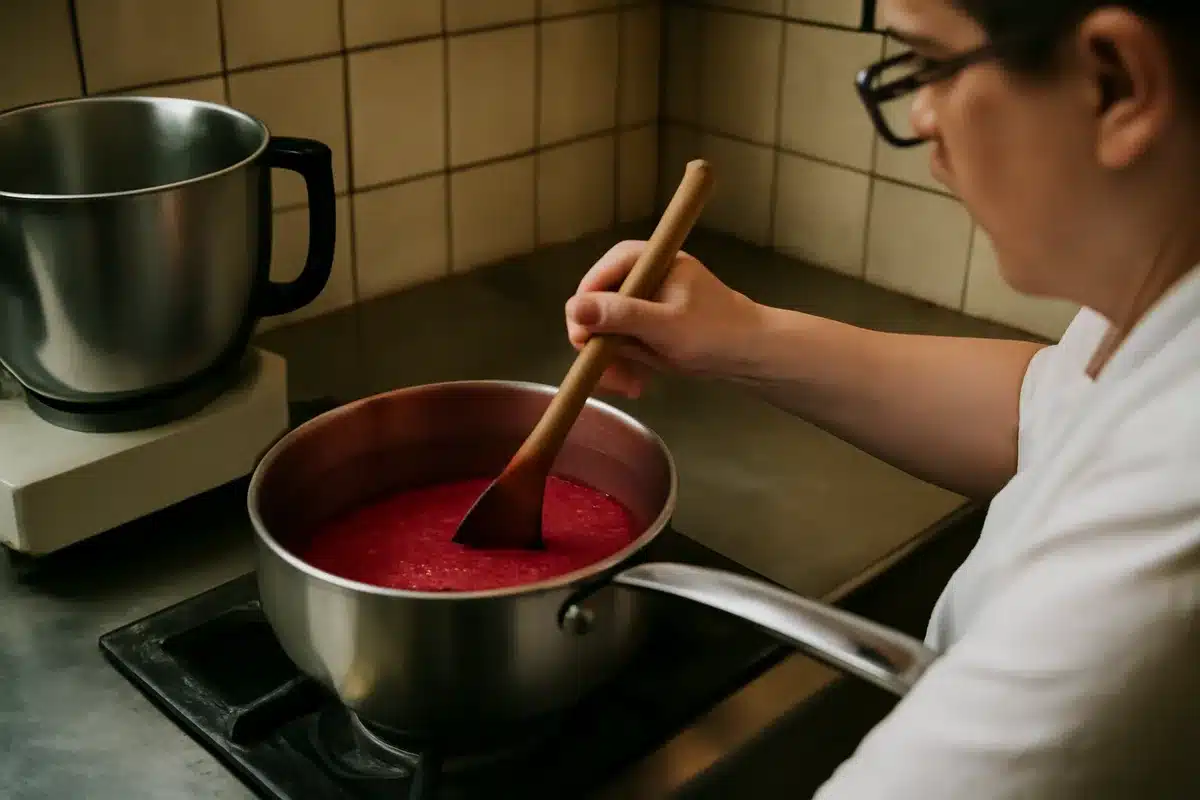 Concentration de la purée — Faites réduire la purée de groseilles de moitié en la chauffant, soit au saucier électrique, soit dans une cocotte en remuant régulièrement pour éviter qu'elle n'attache.