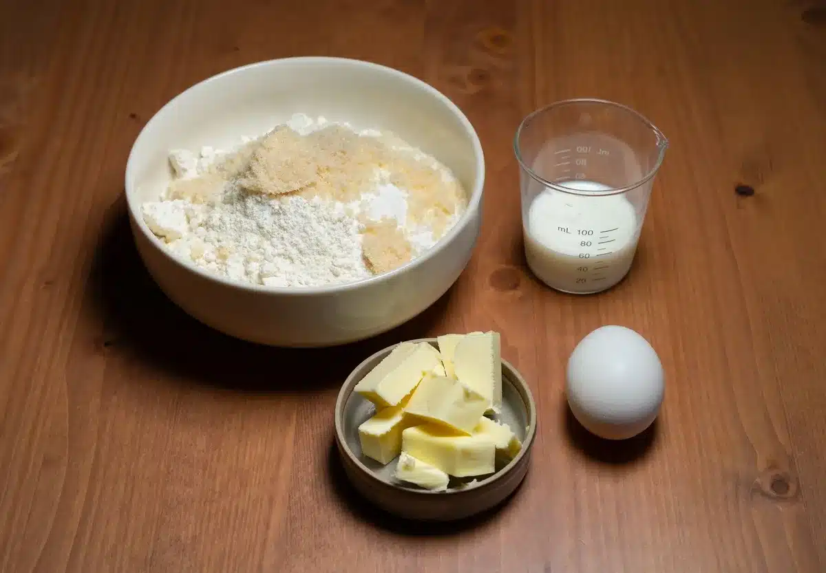 Ingrédients pour le macaroni au fromage : macaronis, cheddar râpé, lait et beurre