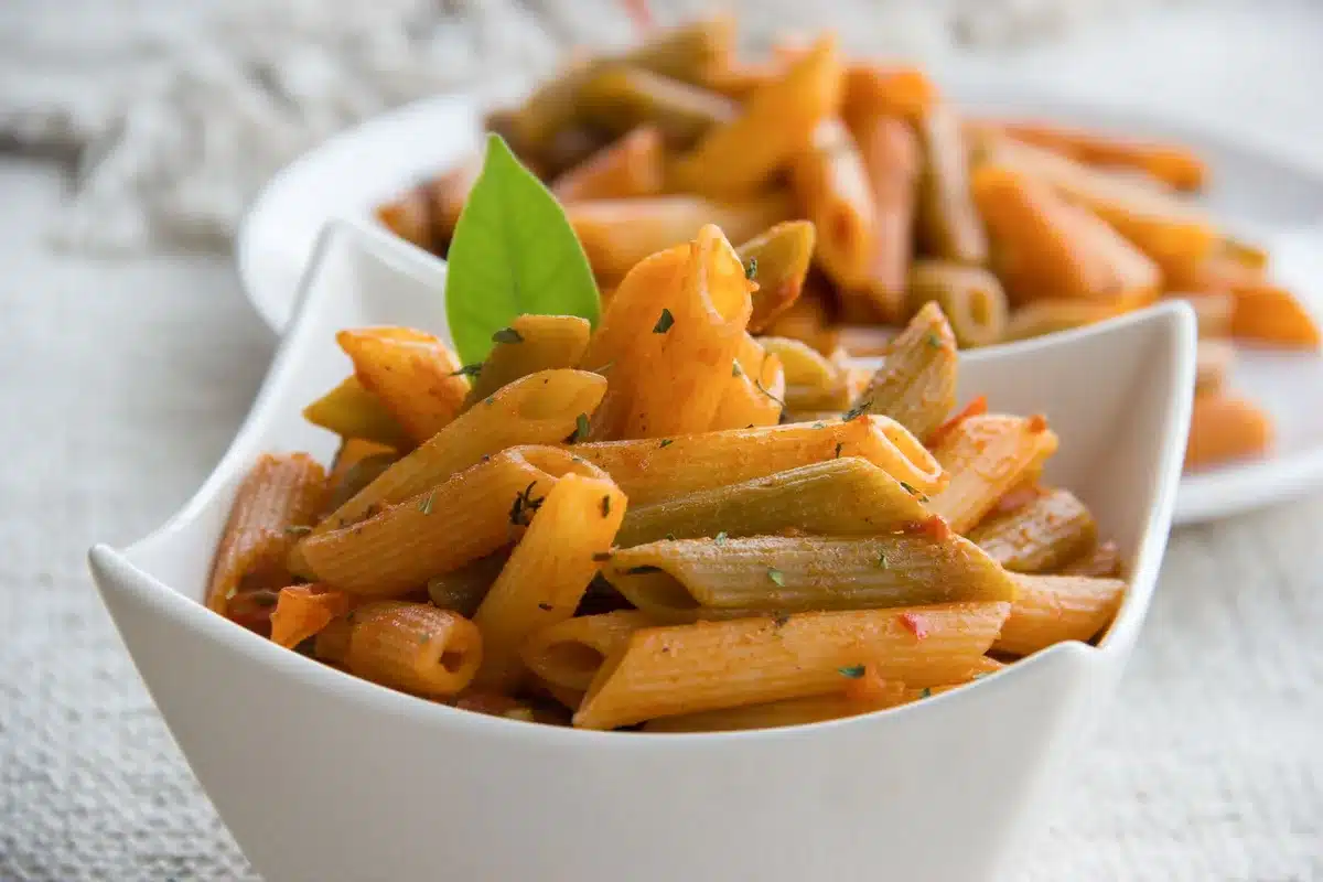 Bol de pâtes au chorizo fumantes garnies de basilic frais
