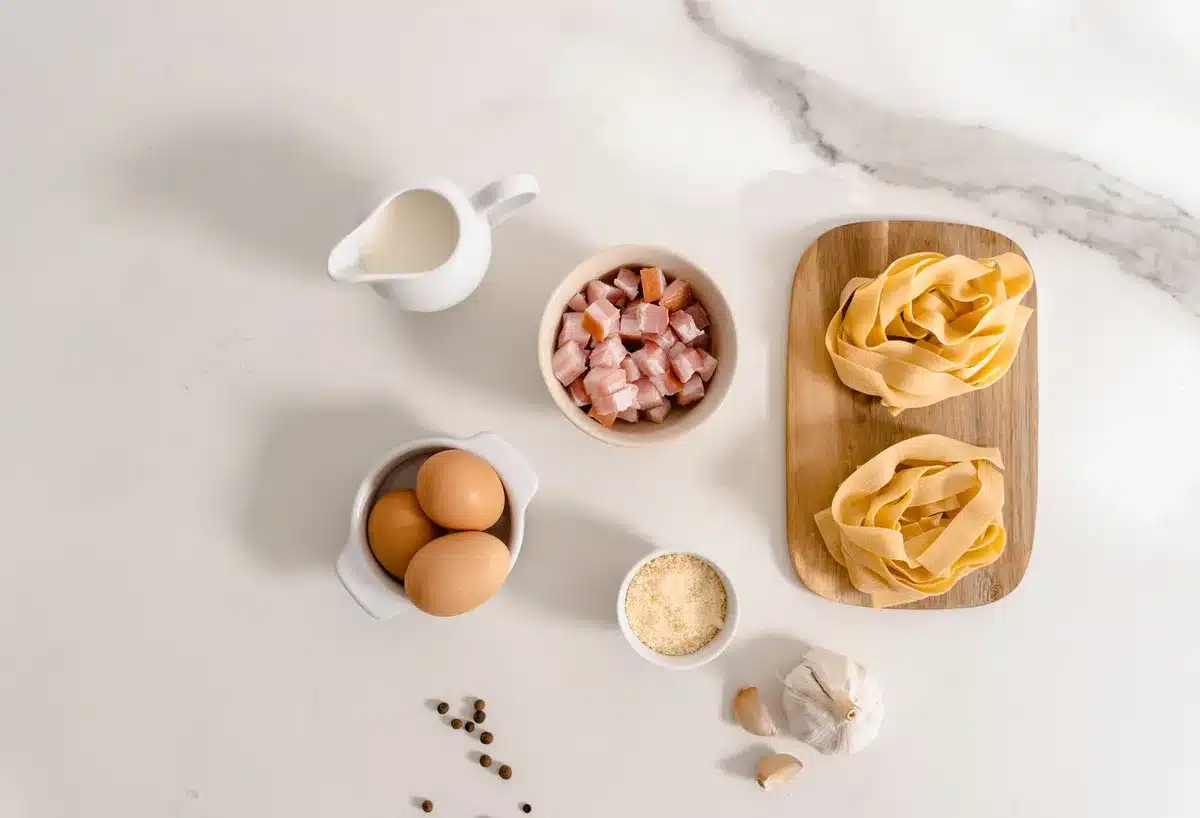 Ingrédients pour les tagliatelles : bacon, tomates séchées, crème et pâtes fraîches