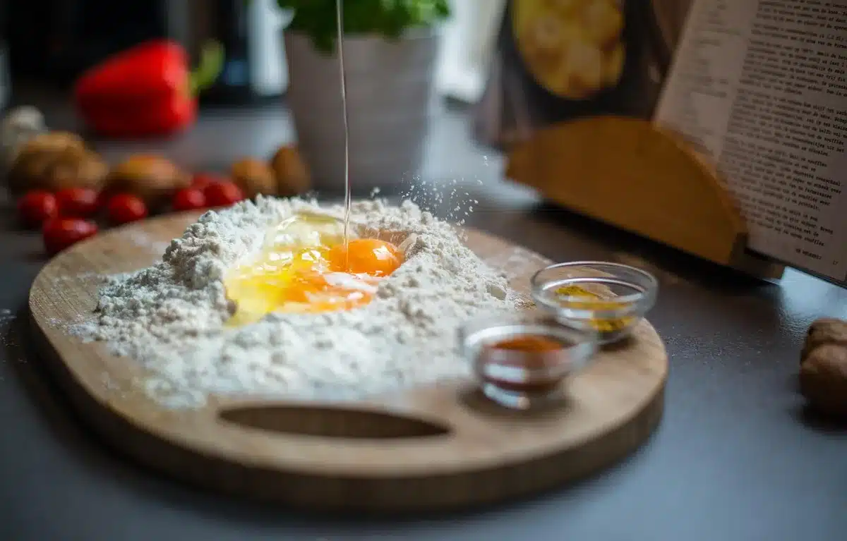 Ingrédients mesurés sur une table : farine, œufs, compote et beurre fondu