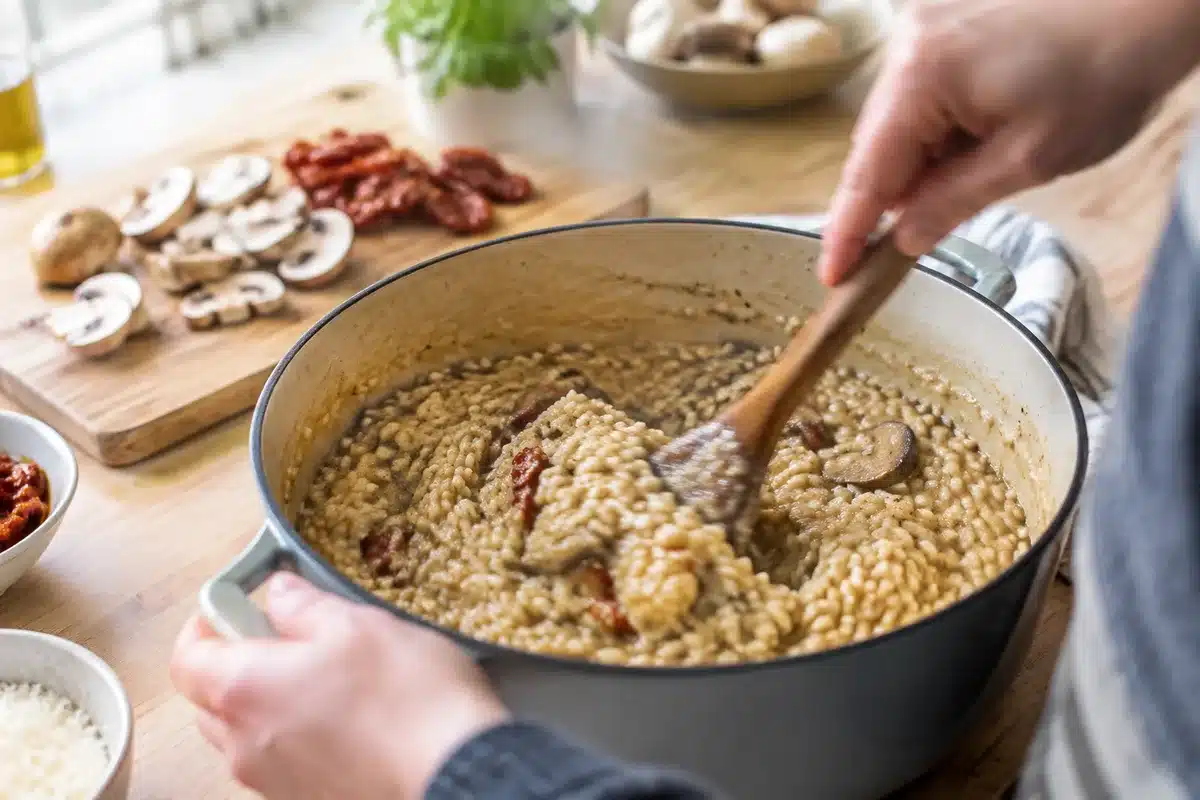 Recette de risotto crémeux aux champignons et aux tomates séchées