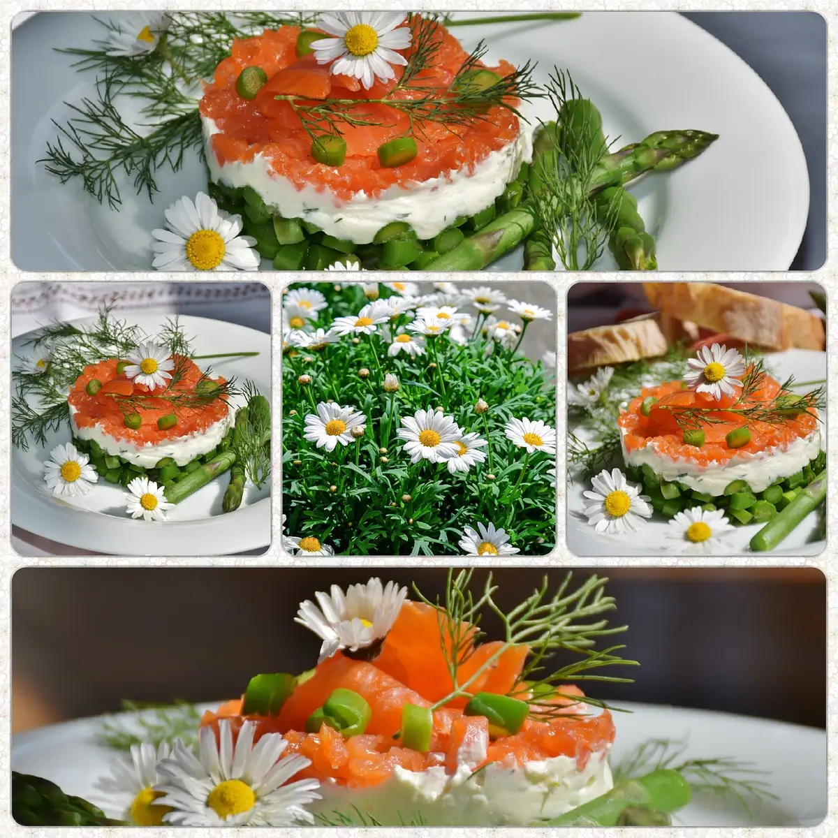 Ingrédients disposés: saumon fumé, pâte fine, oignons et bols de crème