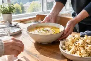 Recette facile de velouté de tomates garni de maïs soufflé