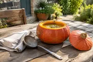 Soupe de potimarron servie dans sa courge creusée
